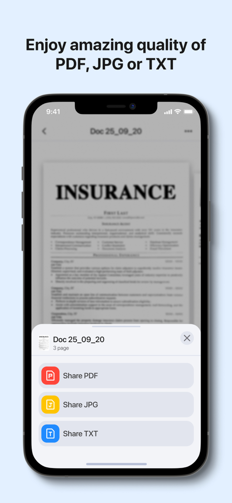 A smartphone screen showing the PDF Guru app with options to share a scanned insurance document as PDF JPG or TXT files