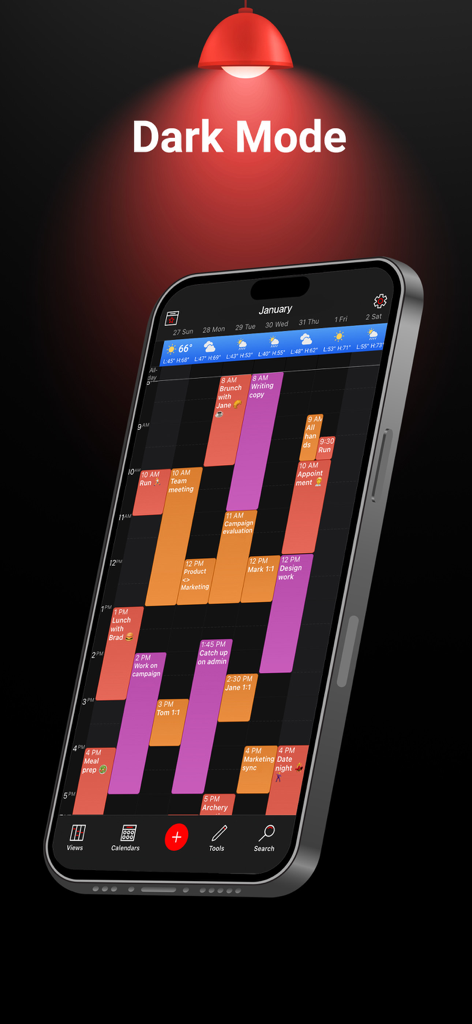 Week Calendar App-Oberfläche im Dark-Mode, die einen farbcodierten Wochenplaner auf einem iPhone zeigt