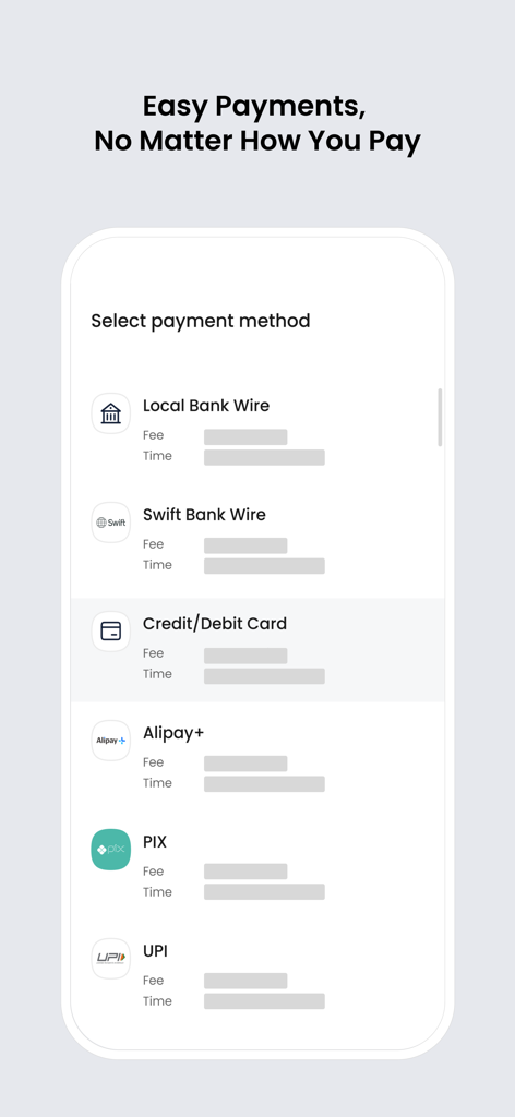 銀行送金やカードを含む、多様な国際決済オプションを表示するSTICPAYアプリのインターフェース。