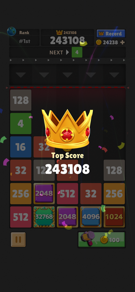 Drop The Number : Merge Puzzle - Gameplay screenshot of Drop The Number Merge Puzzle showing a top score achievement with a golden crown and confetti