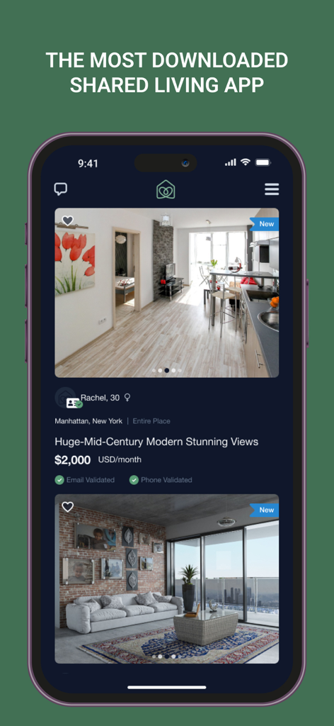 Roomster - Interfaz de la aplicación móvil Roomster que muestra anuncios de apartamentos compartidos en Manhattan, Nueva York