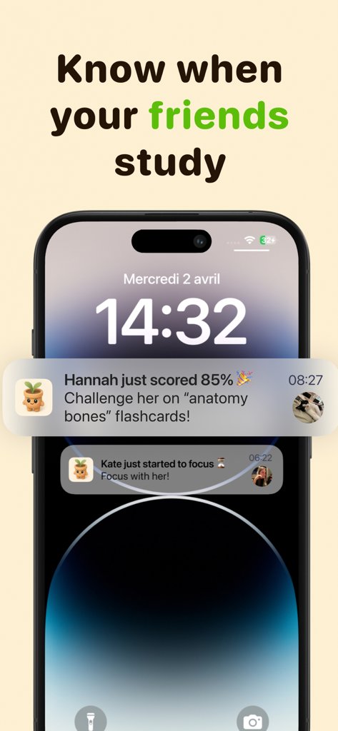 Focus Tree: Timer & Flashcards - iPhone lock screen displaying Focus Tree notifications for friends study sessions and flashcard scores
