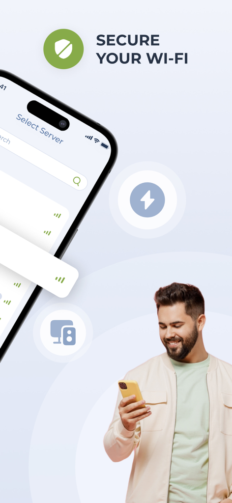 A person using the Planet Free VPN app on a smartphone to secure their public Wi-Fi connection.