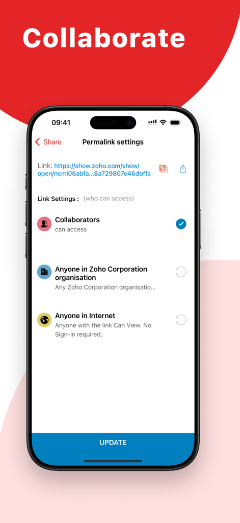 Interface do aplicativo Zoho Show para gerenciar permissões de compartilhamento e colaboração de apresentações no iPhone.
