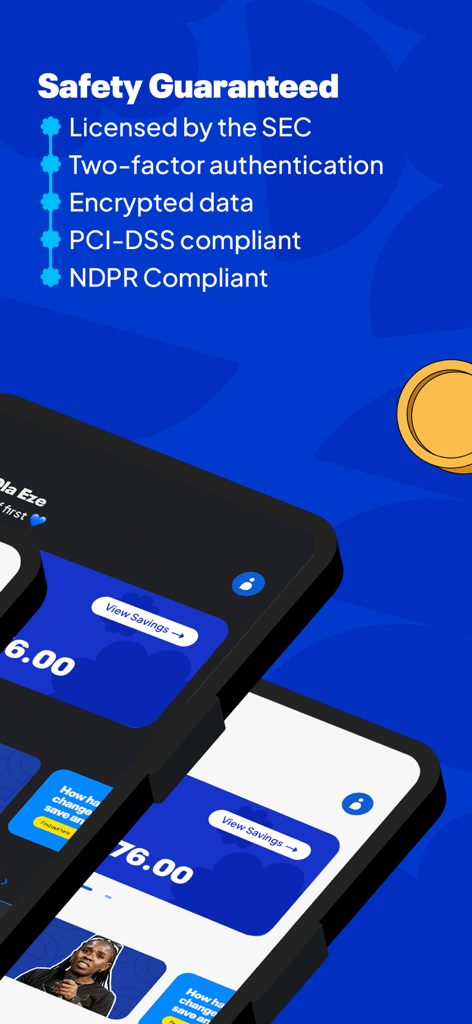 PiggyVest: Save & Invest Today - PiggyVest App-Bildschirm, der Sicherheitsgarantien hervorhebt, einschließlich SEC-Lizenzierung und Datenverschlüsselung