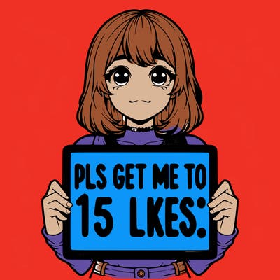 realistic girl holding up a sign that says “pls get me to 15 likes!”