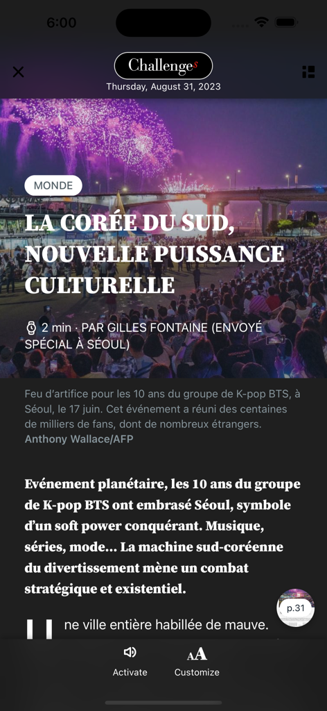 Article numérique du magazine Challenges intitulé La Corée du Sud, nouveau pouvoir culturel