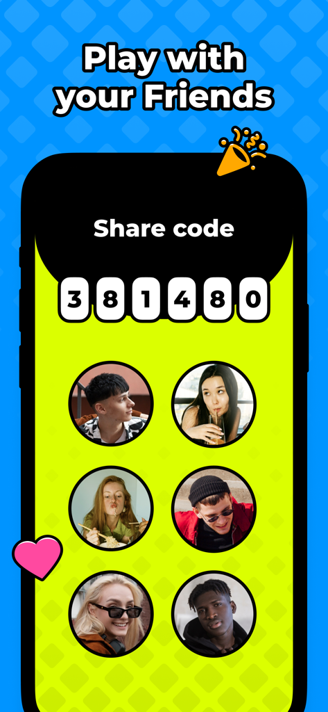 Gossip. - Interfaccia dell'app Gossip che mostra lo schermo del codice di condivisione e le icone del profilo degli amici uniti in una lobby di gioco.