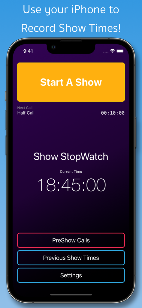 Interface principale de l'application Show StopWatch montrant le bouton Démarrer un spectacle et l'affichage de l'heure actuelle pour la régie