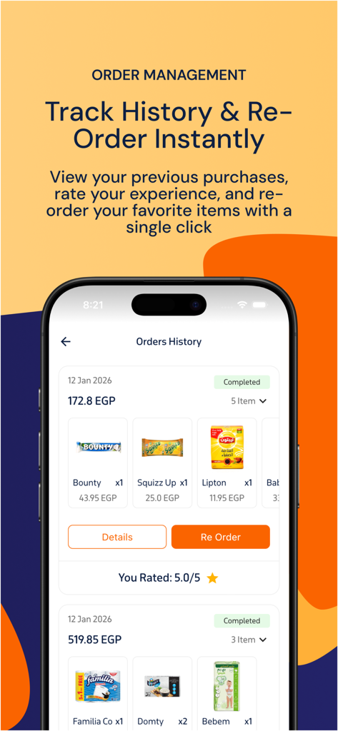 Kazyon Plus - Kazyon Plus mobile app screen showing orders history with details of past grocery purchases and a re-order button