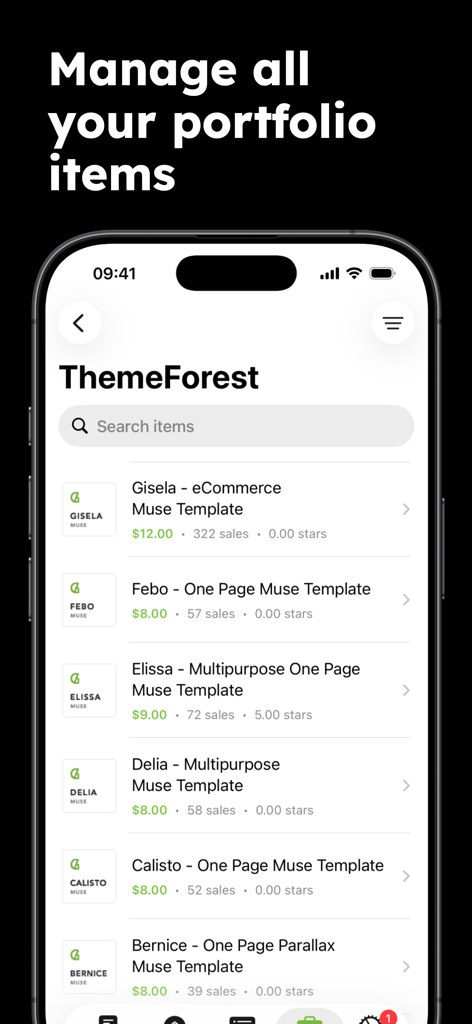 Eden - Envato Sales Tracker - A mobile screen showing a list of ThemeForest portfolio items with sales figures and prices in the Eden app