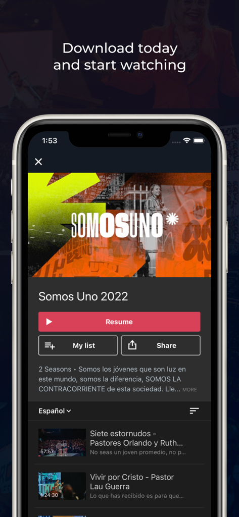 G12 TV - Pantalla móvil de la app G12 TV mostrando la página del reproductor de video de la conferencia Somos Uno 2022 con opciones de reanudar y compartir