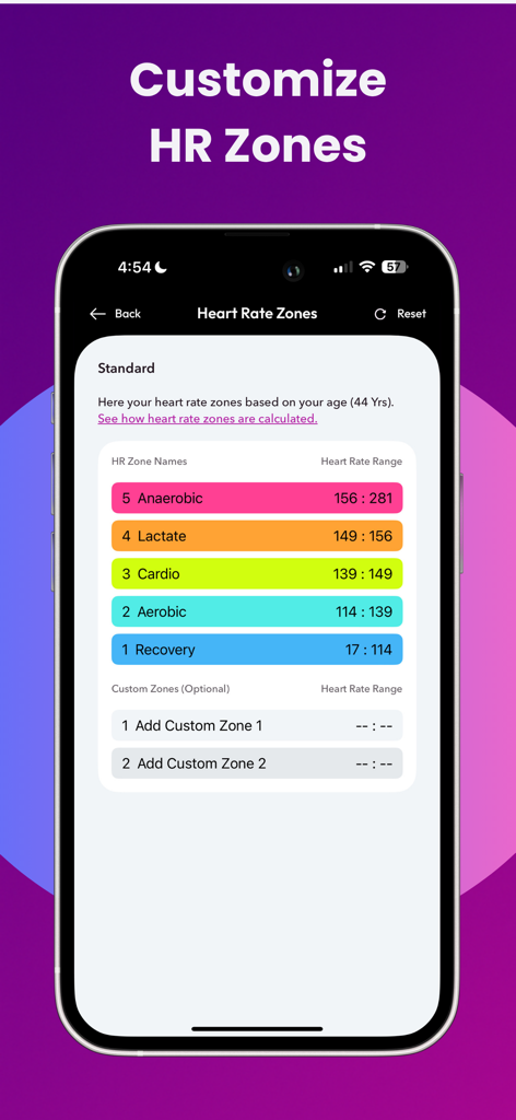 Heart Rate Monitor: Cardiobyte - Interface do aplicativo Cardiobyte mostrando zonas de frequência cardíaca personalizadas para recuperação, aeróbica, cardio, lactato e anaeróbica.