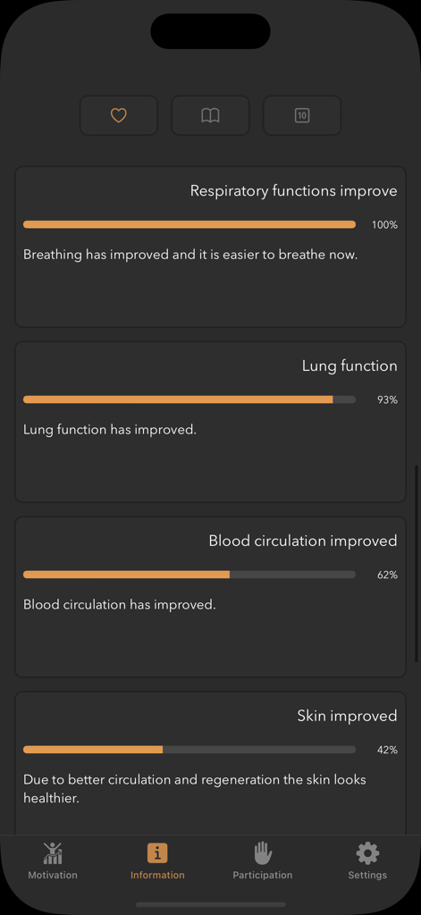 A mobile interface of the Quit Smoking app displaying health recovery progress bars for respiratory functions lung function blood circulation and skin health