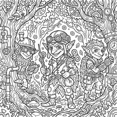 Journey into a captivating world where cunning forest goblins embrace the marvels of steampunk technology. This intricate coloring page invites you to bring to life a fantastical scene filled with gears, gadgets, and woodland charm.