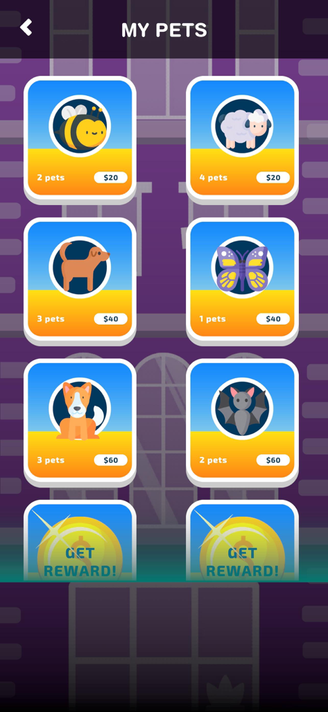 Save The Pets - A menu screen titled My Pets displaying a collection of rescued animals including a dog sheep and butterfly with reward options