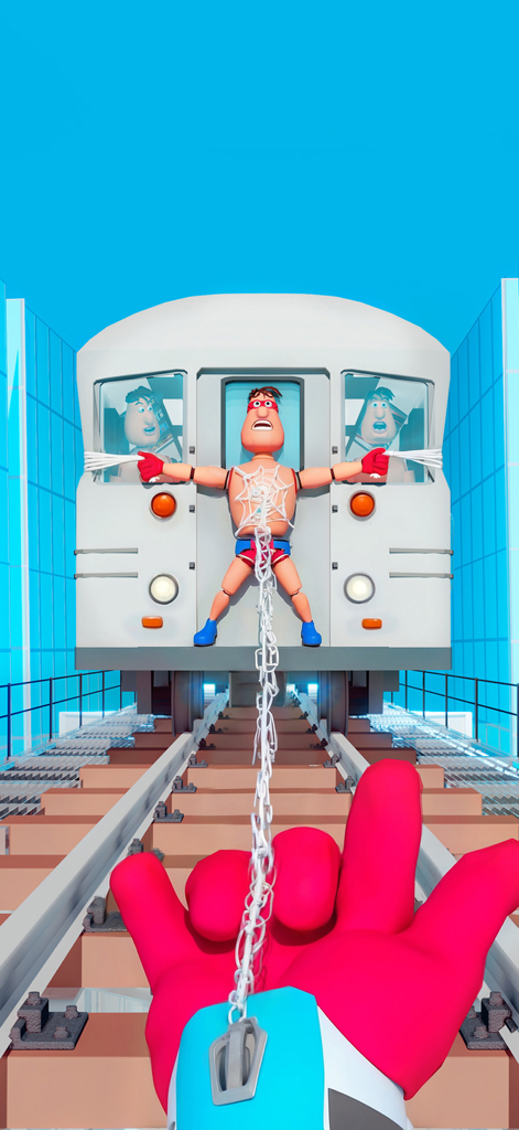 Un muñeco de superhéroe capturado en la parte delantera de un tren de metro en el juego Hero Capture Grab and Tear