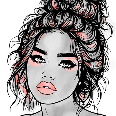realistic girl with lips and hair in a messy bun