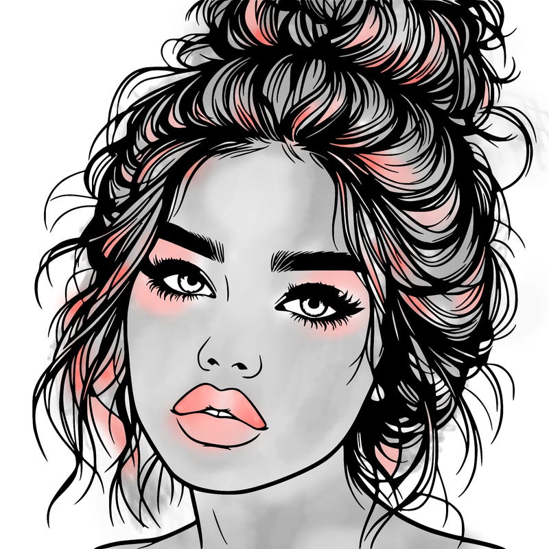 realistic girl with lips and hair in a messy bun