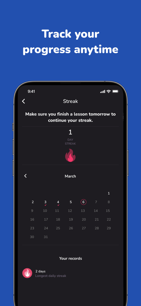 Voca AI - Learning a language - Voca AI app interface displaying a daily learning streak and monthly progress calendar