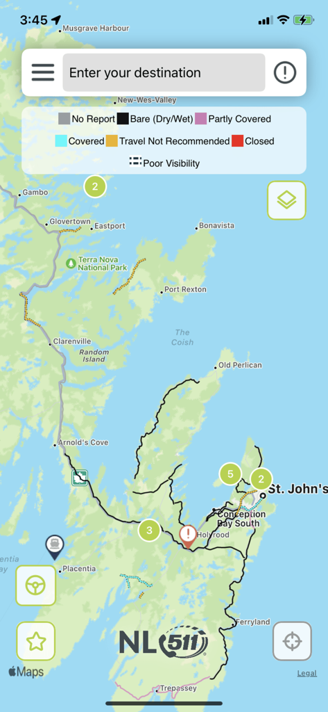 Interfaccia dell'app mobile NL 511 che mostra una mappa delle condizioni stradali in tempo reale di Terranova e Labrador