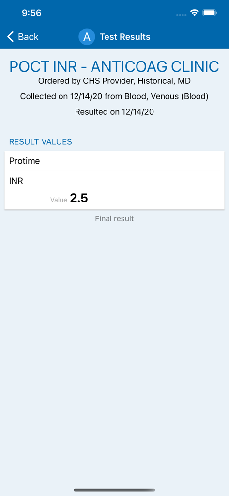 Catholic Health Buffalo - Catholic Health Buffalo app interface showing clinical test results for INR.