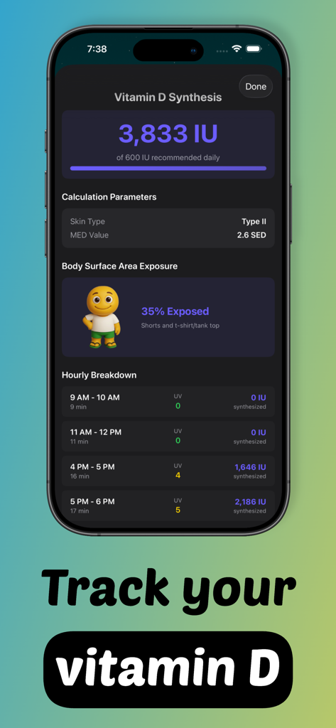Tela do aplicativo UVBuddy mostrando rastreamento diário da síntese de Vitamina D com base no tipo de pele e exposição UV