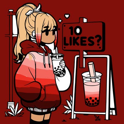 girl with oversized hoodie drinking boba and she has a high ponytail with a sign that says 10likes?