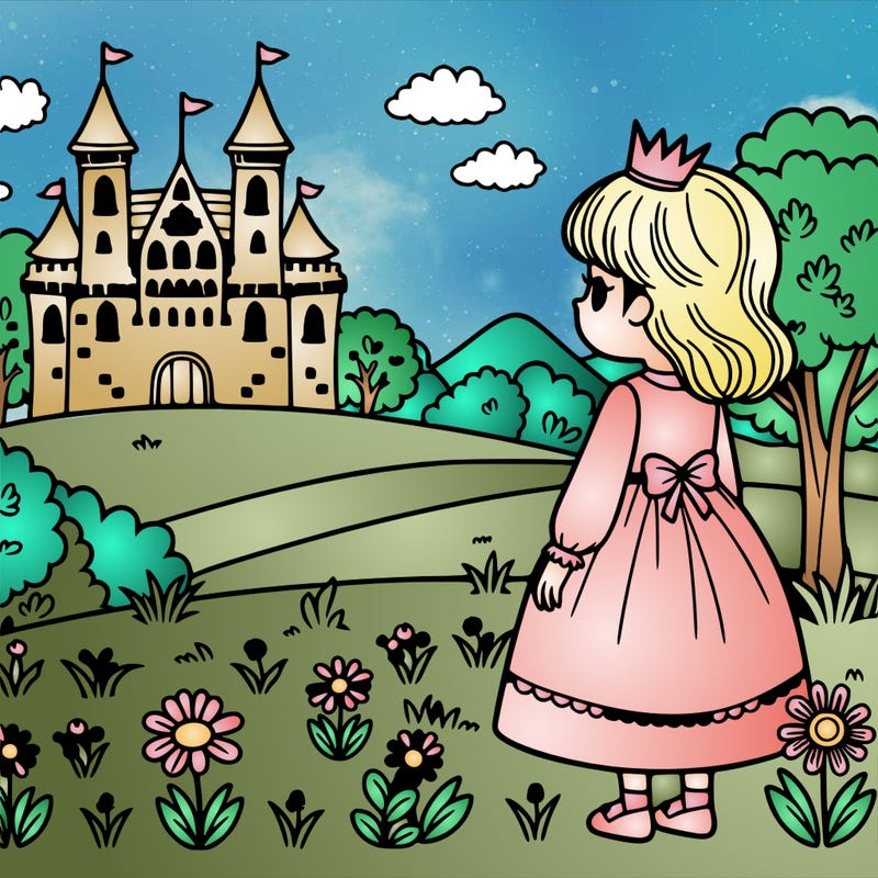 a girl in a meadow with a castle in front of her