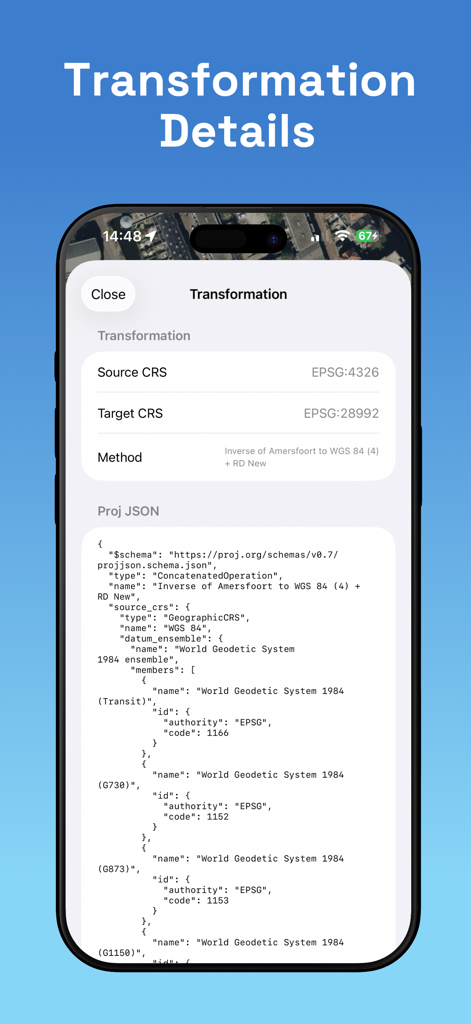 GPS Converter - CoordFix - Pantalla de detalles técnicos de transformación que muestra el CRS de origen y destino con código Proj JSON en la aplicación CoordFix.