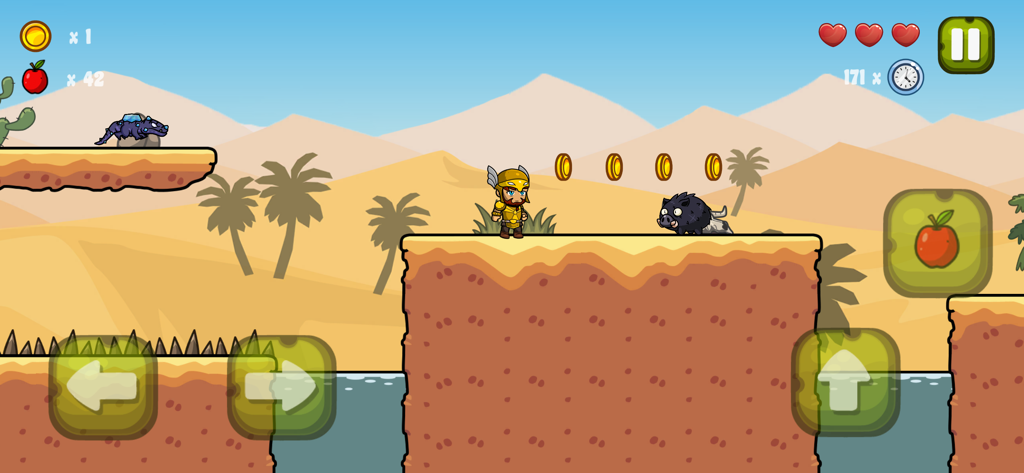 Nipo's World - Screenshot de gameplay de Nipos World mostrando um personagem herói em armadura dourada enfrentando um inimigo javali em um nível desértico.