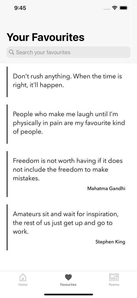 Simply Inspiring - Simply Inspiring app interface showing the favorites screen with various motivational quotes