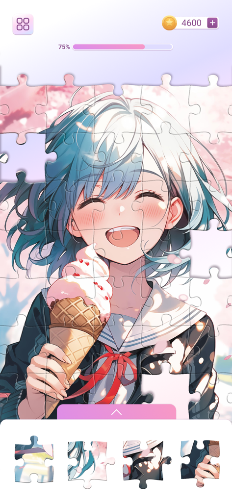 Anime Games: Jigsaw Puzzle - Gameplay screenshot of an anime jigsaw puzzle showing a cheerful girl holding an ice cream cone.
