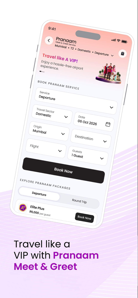 Adani OneApp: For Smart Travel - Pranaamミート＆グリートVIP空港サービス予約を表示するAdani OneAppのモバイル画面