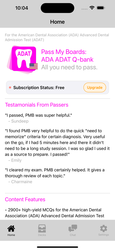 Schermata principale dell'app mobile ADA ADAT Q-Bank che mostra testimonianze degli utenti e stato dell'abbonamento.