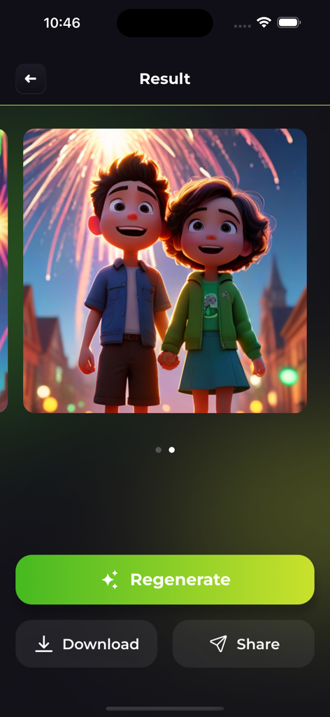 결과 화면, 3D 만화 스타일 AI 생성 커플 아트 표시