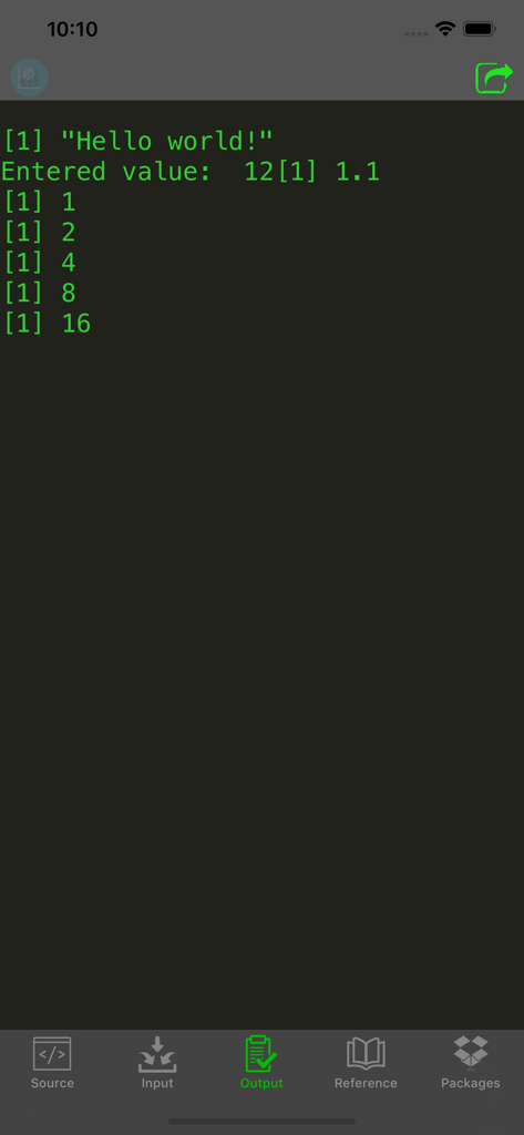 R Programming Compiler - R code execution results displayed in the mobile app output terminal