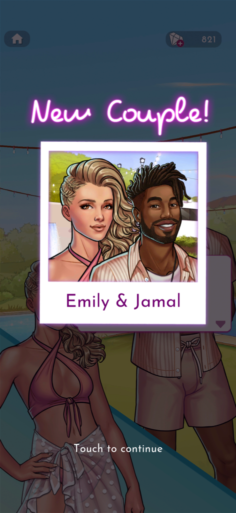A screenshot from the Love Villa mobile game showing a new couple announcement for characters Emily and Jamal.