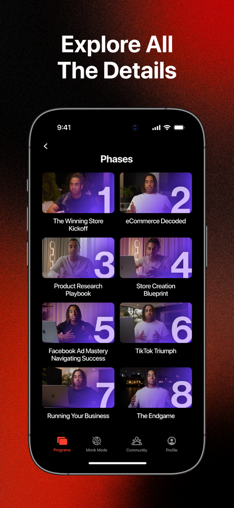 Digital Launchpad app screen displaying eight phases of eCommerce and digital marketing training modules.