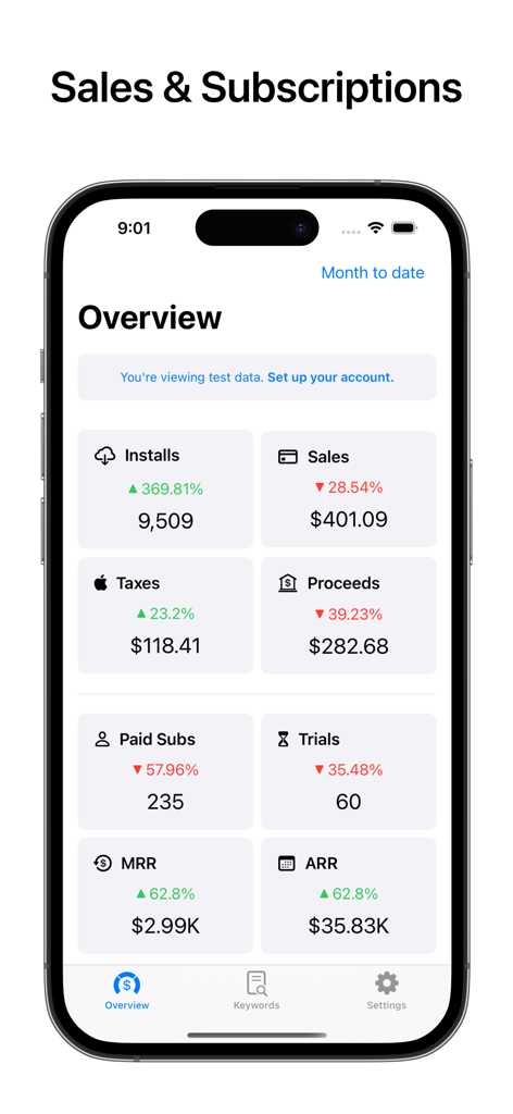 Peek: App Sales & Trends - iPhone screenshot of the Peek app dashboard displaying app sales, subscription metrics, MRR, and ARR data.