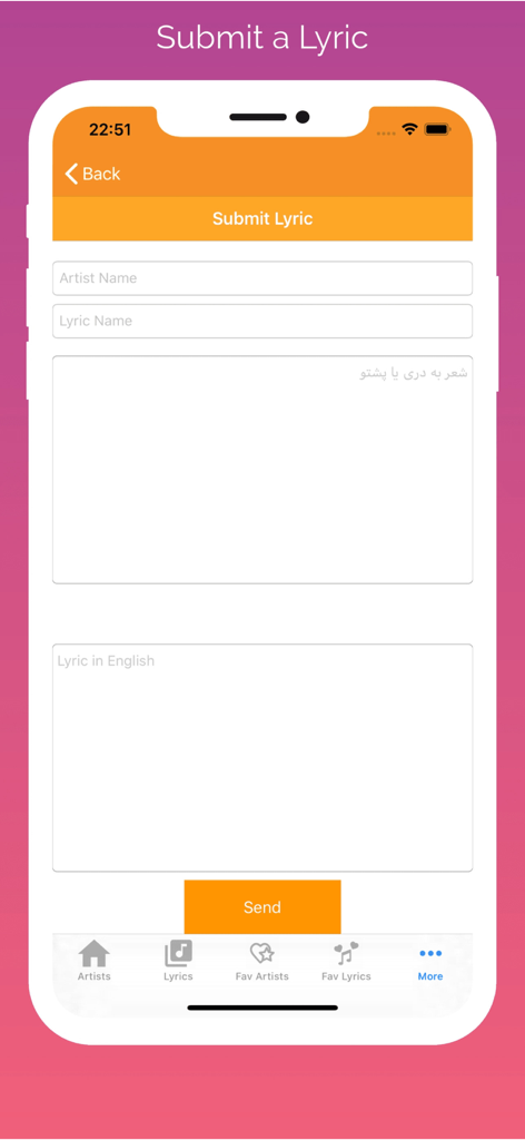 Submit a Lyric screen showing form fields for artist name, lyrics in Dari or Pashto, and English translation.