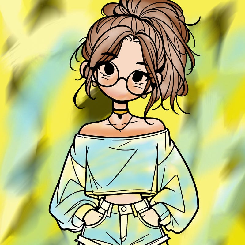 girl with a messy ponytail glasses a baggy crop top and jean shorts