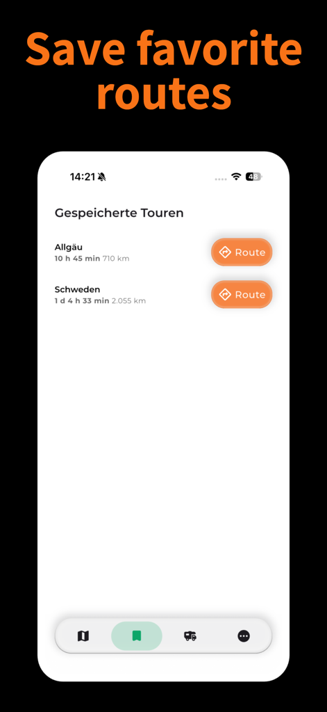 CampPilot Camper Navi - A screen showing saved camping routes within the CampPilot navigation app interface
