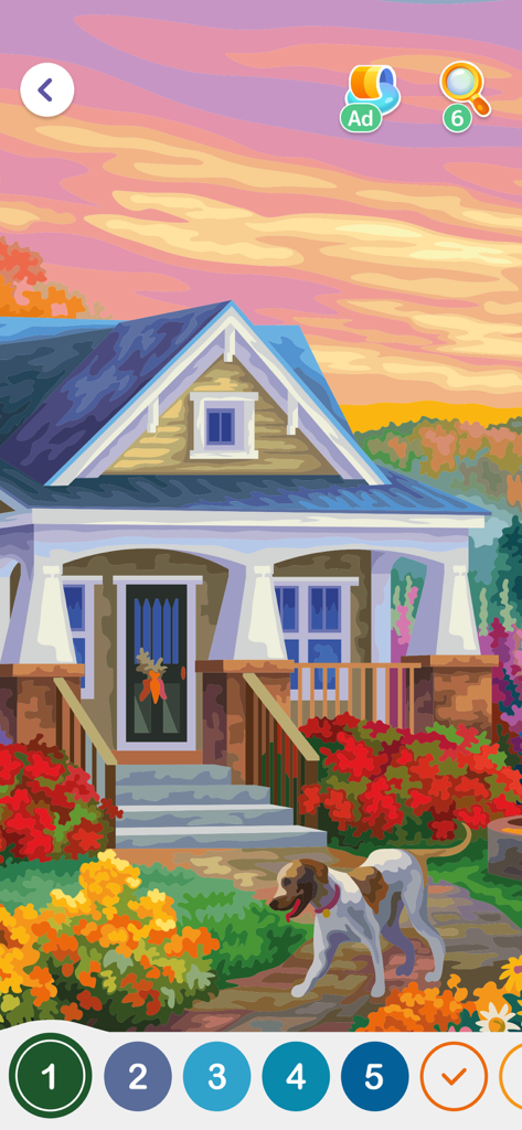 Paint by Number Oil: Hey Color - Ein digitales Ölgemälde nach Zahlen von einem Vorstadthaus und einem Hund