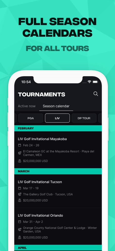 GLF: Golf Live Scores & News - Eine mobile App-Oberfläche, die eine Liste von professionellen Golfturnieren in einem Saisonkalender anzeigt