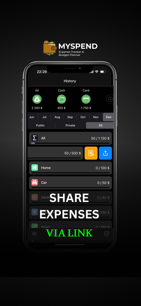 MySpend: Shared Budget Tracker - MySpend app interface showing spending history and the feature to share expenses via link