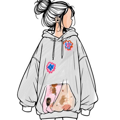 realistic girl with a oversized sweatshirt on and a bun
