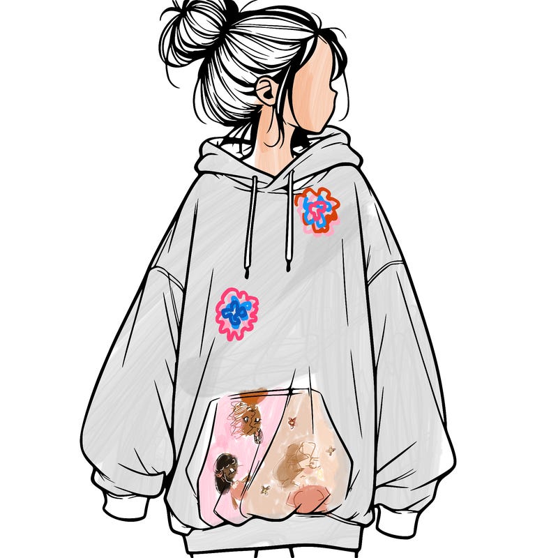 realistic girl with a oversized sweatshirt on and a bun