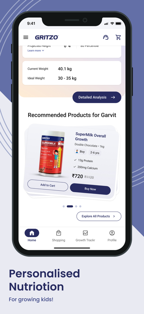 Gritzo app interface showing personalized nutritional milk recommendations and growth tracking for kids