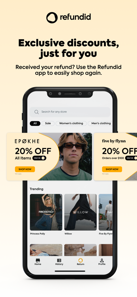 A mobile interface of the Refundid app showcasing exclusive fashion discounts and trending brands for online shoppers.